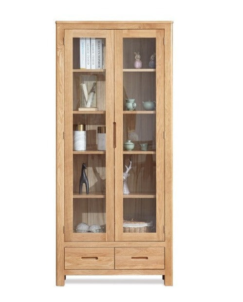 Oak, Solid Rubberwood Modern Bookcase with Glass Door Display Cabinet