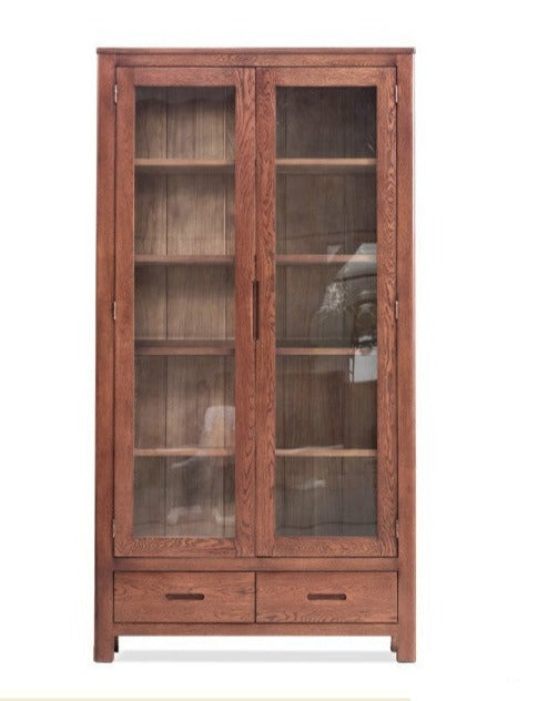 Oak, Solid Rubberwood Modern Bookcase with Glass Door Display Cabinet