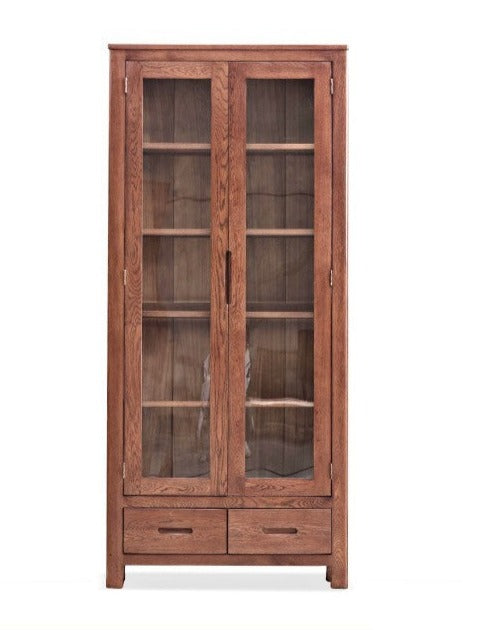 Oak, Solid Rubberwood Modern Bookcase with Glass Door Display Cabinet