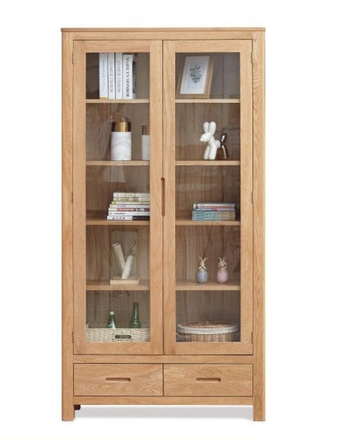 Oak, Solid Rubberwood Modern Bookcase with Glass Door Display Cabinet