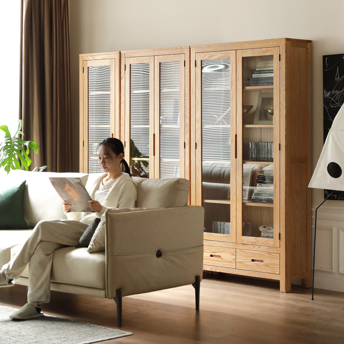 Oak, Solid Rubberwood Modern Bookcase with Glass Door Display Cabinet