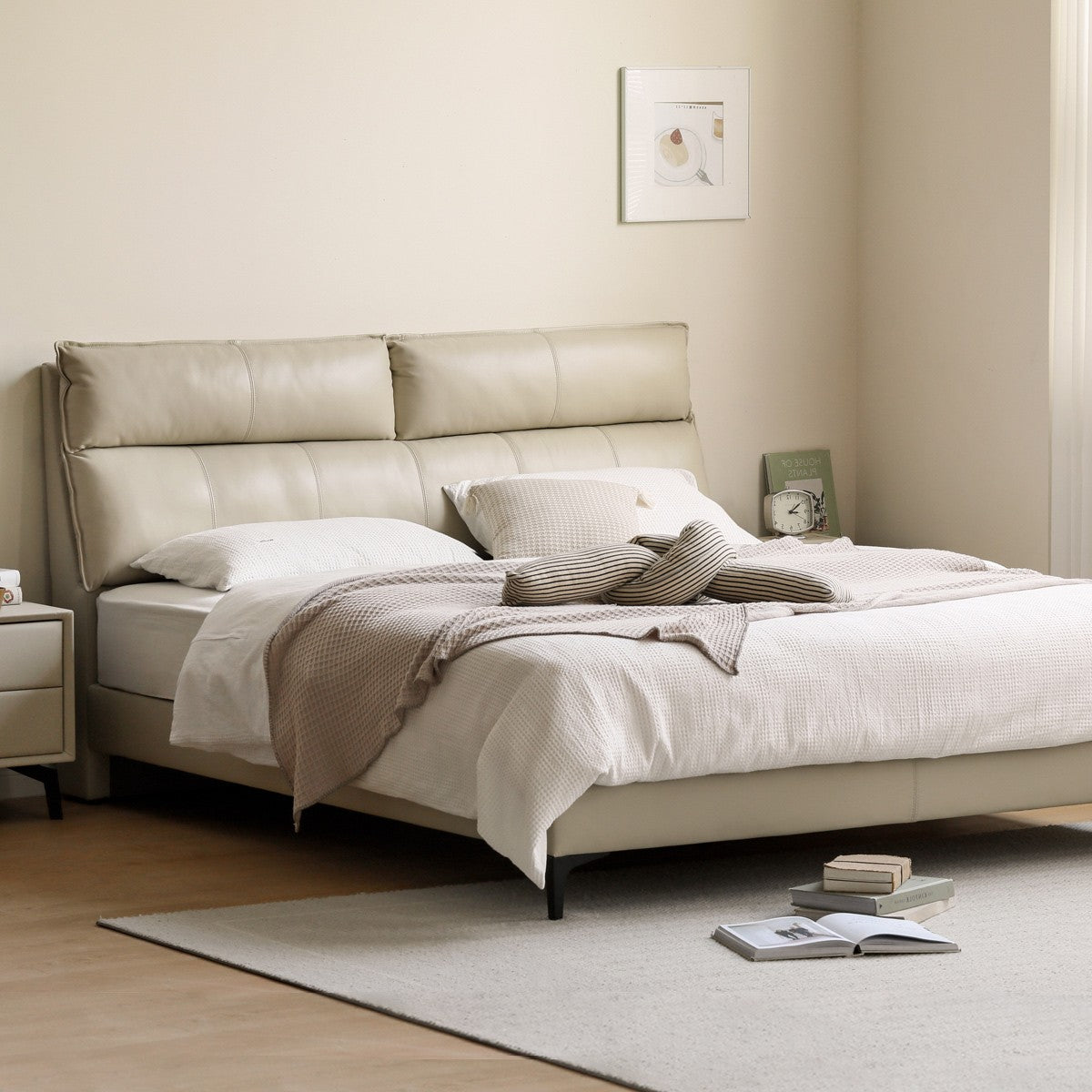Cow Leather Bed ,Technology Cloth Wood Bed