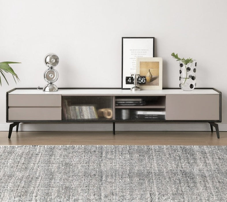 Oak Solid Wood Light Luxury Rock Slab Double Drawer TV Cabinet