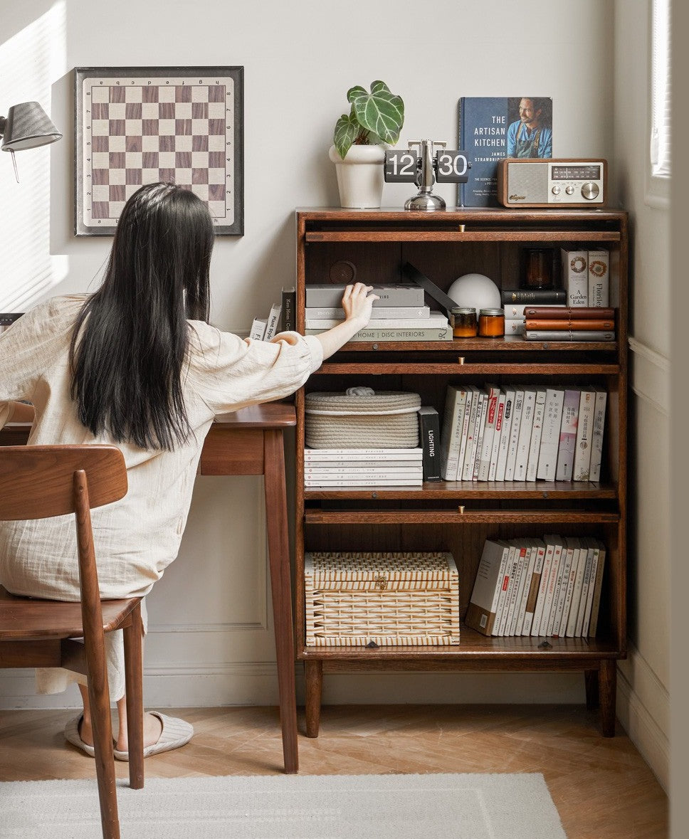 Black Walnut, Oak Solid Wood Glass Flip Door Bookcase, Side Cabinet