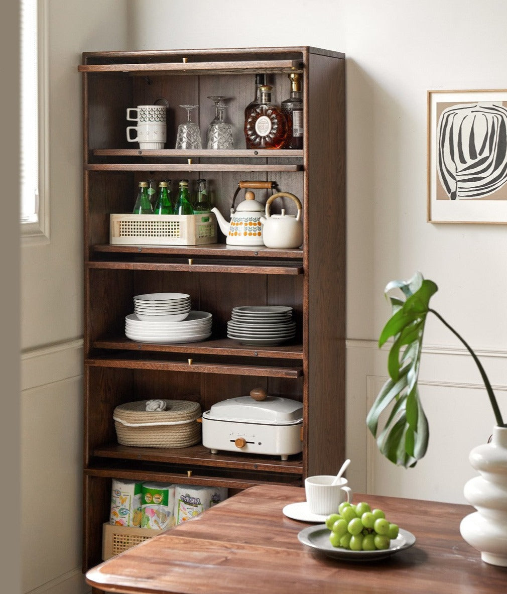 Black Walnut, Oak Solid Wood Glass Flip Door Bookcase, Side Cabinet