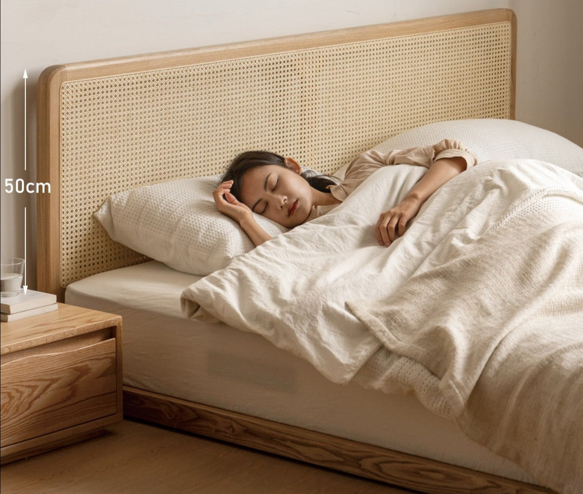 Ash Solid Wood Floor Bed Rattan