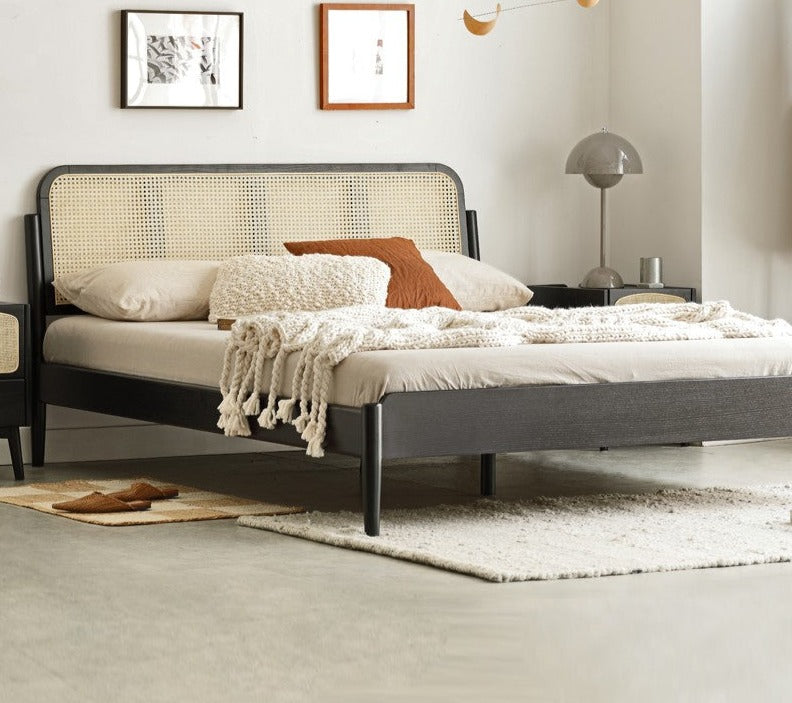 Oak rattan solid wood black bed