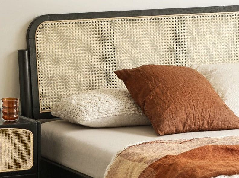 Oak rattan solid wood black bed