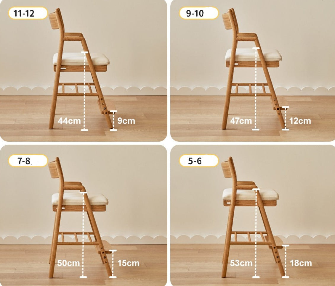 Oak Solid Wood Kids Chair Height-Adjustable.