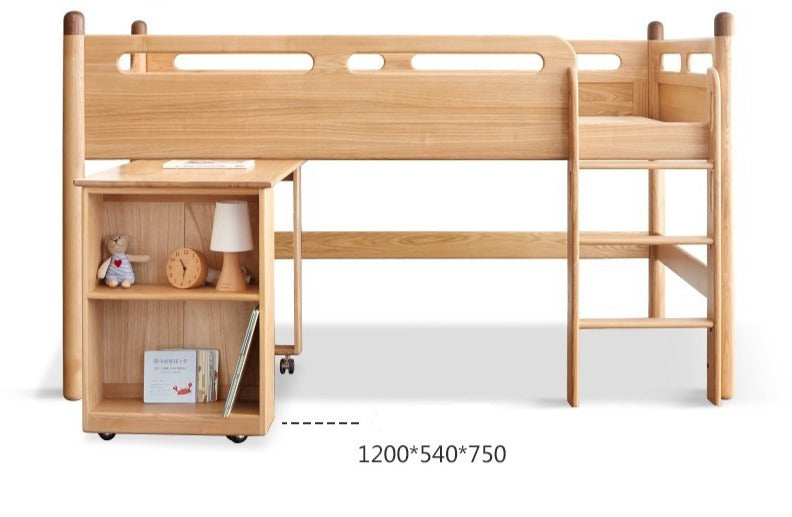 Beech Nordic Children's Solid Wood Loft Bed, Modern Minimalist Multifunctional Combination Bed with Table
