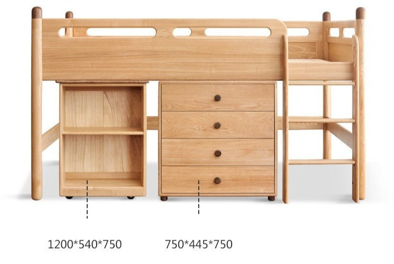 Beech Nordic Children's Solid Wood Loft Bed, Modern Minimalist Multifunctional Combination Bed with Table