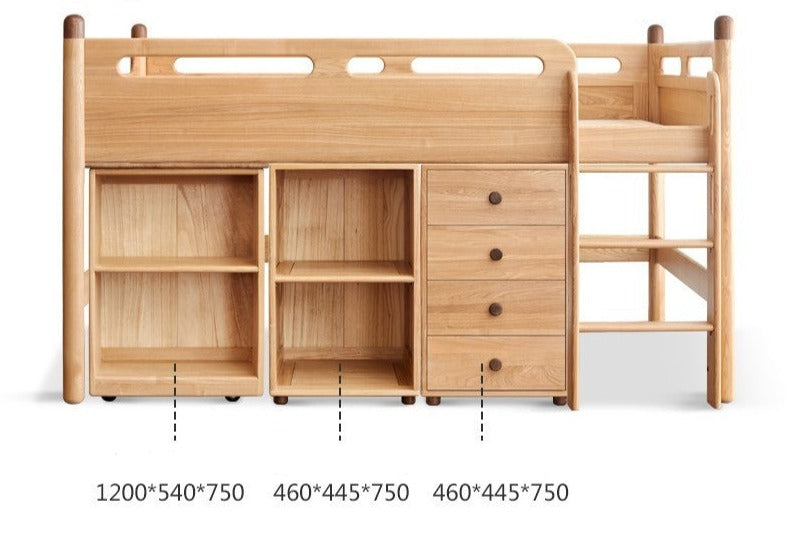 Beech Nordic Children's Solid Wood Loft Bed, Modern Minimalist Multifunctional Combination Bed with Table