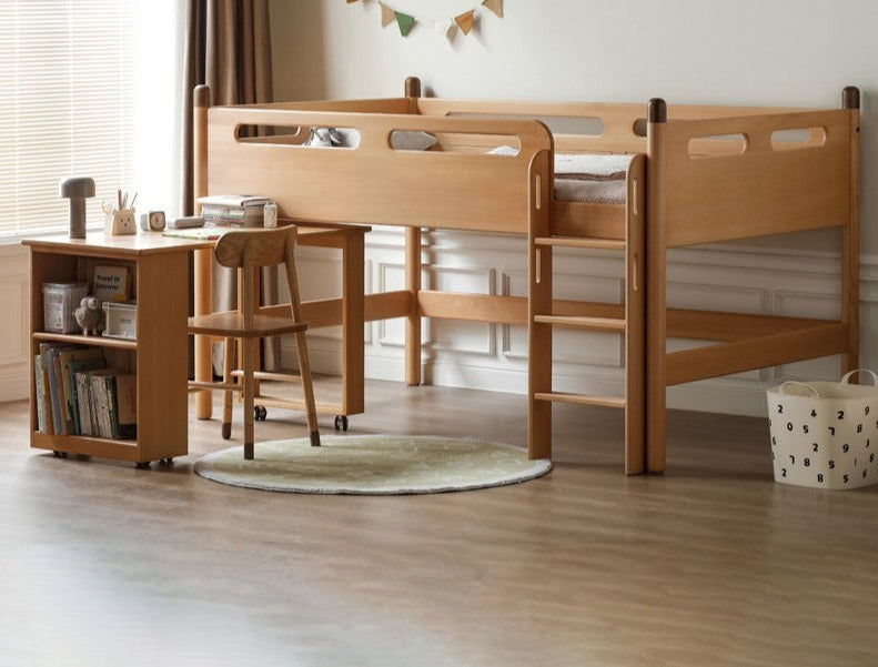 Beech Nordic Children's Solid Wood Loft Bed, Modern Minimalist Multifunctional Combination Bed with Table