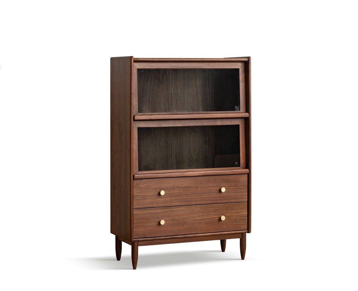 Side cabinet Black walnut solid wood flip door LED lights"
