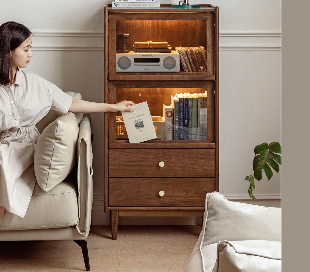 Sandalwood, Black Walnut, Oak Solid Wood Side Cabinet Flip Door LED Lights