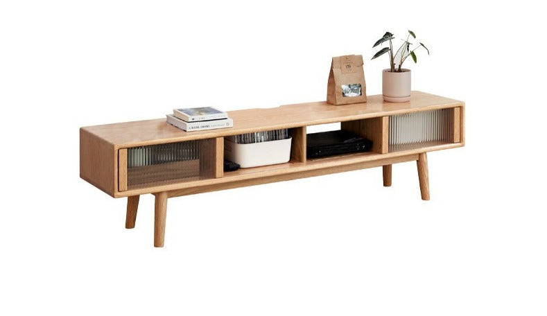 Oak solid wood TV stand glass sliding door"