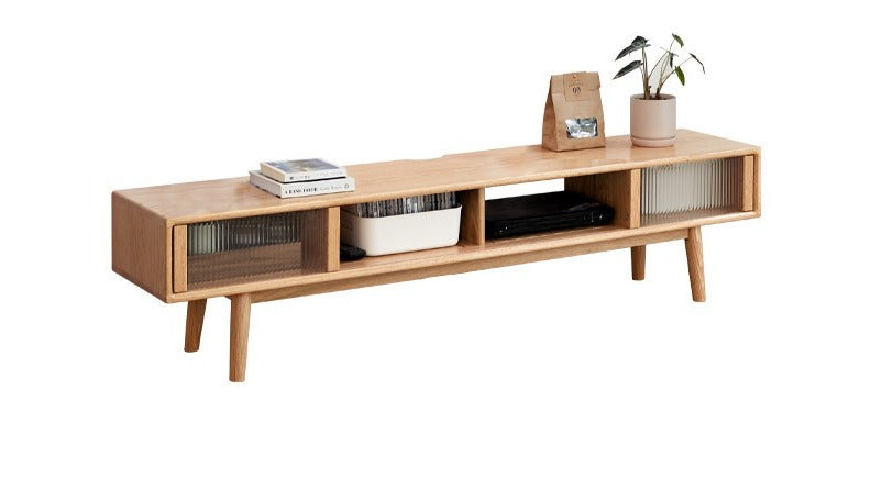 Oak solid wood TV stand glass sliding door"