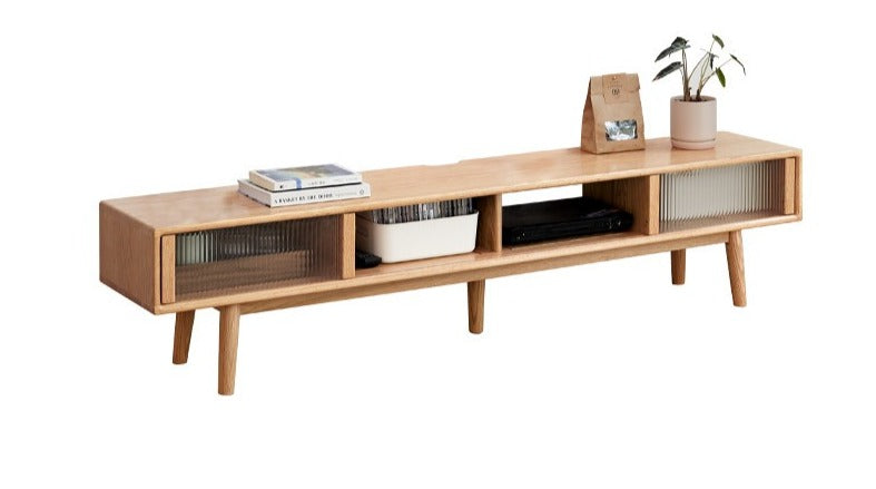 Oak solid wood TV stand glass sliding door"