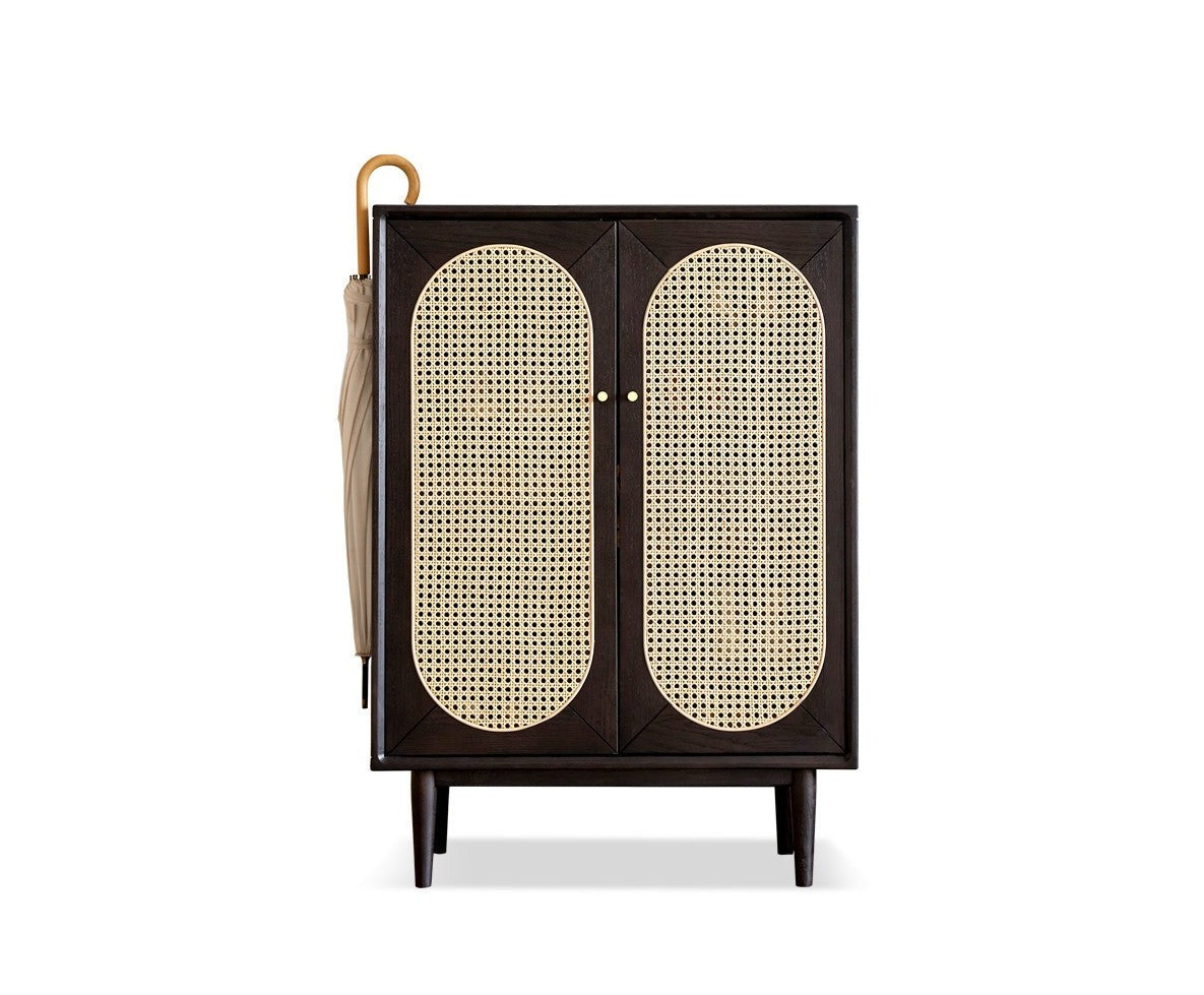 Rattan two-door shoe cabinet Oak solid wood black"