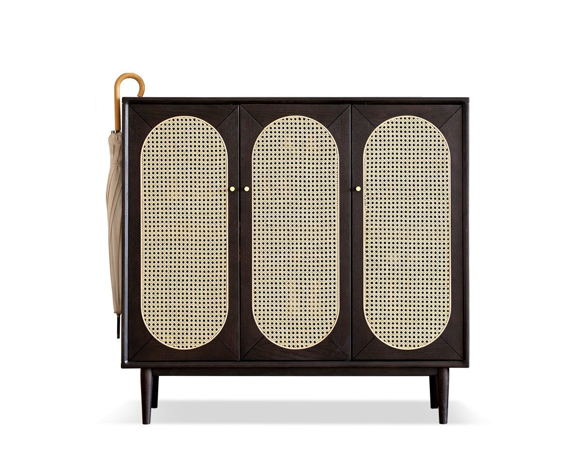Rattan two-door shoe cabinet Oak solid wood black"