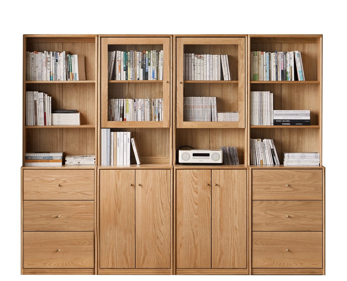 Oak Solid Wood Floor-To-Ceiling Combination Bookshelf, Glass Bookcase