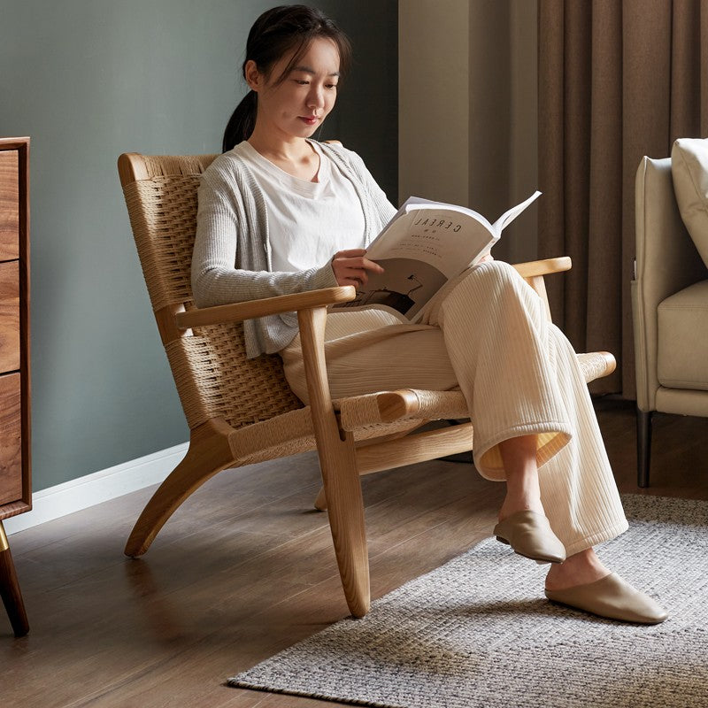 Ash Solid Wood Armchair Rope Weaving )