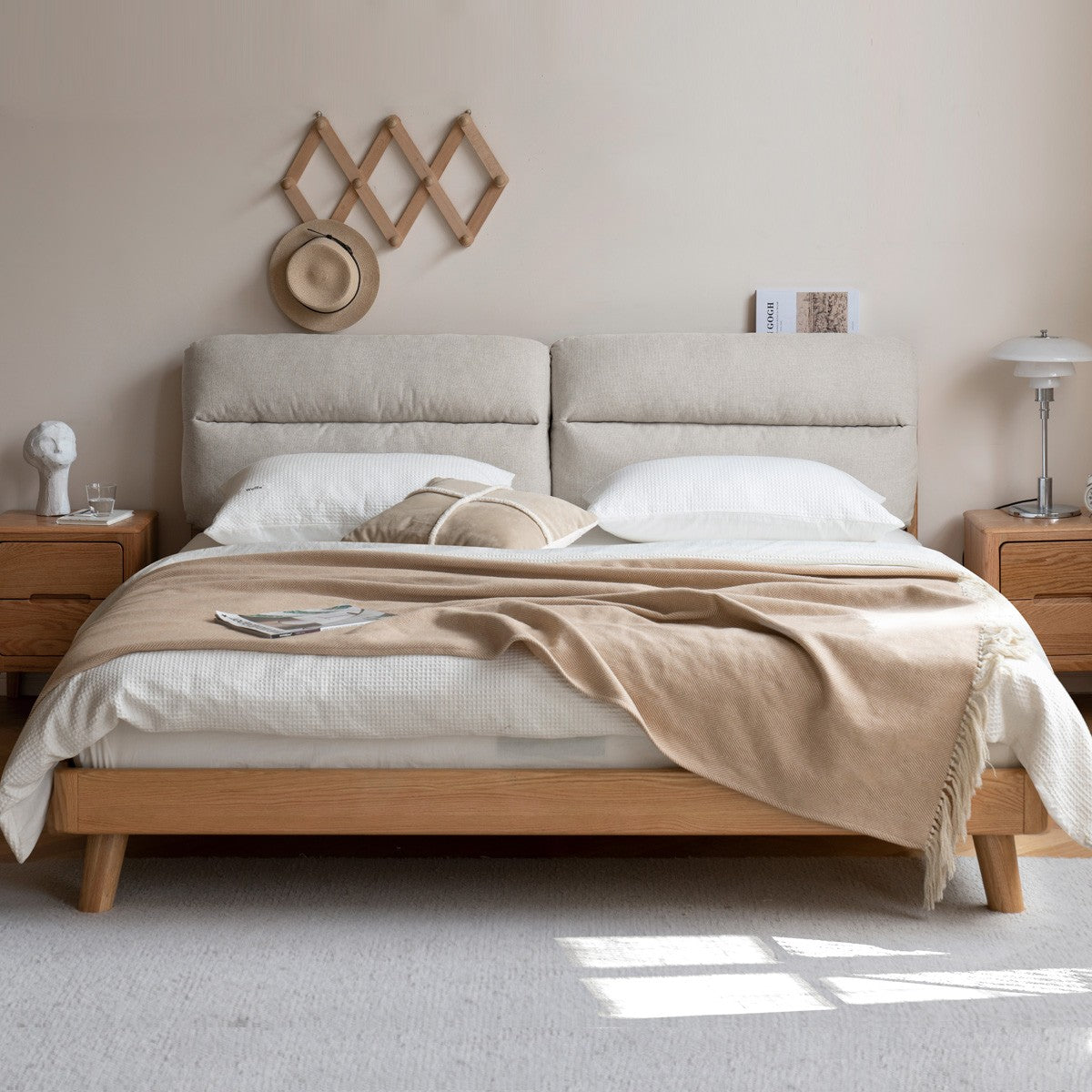 Oak Solid Wood Cream Style Soft Bed