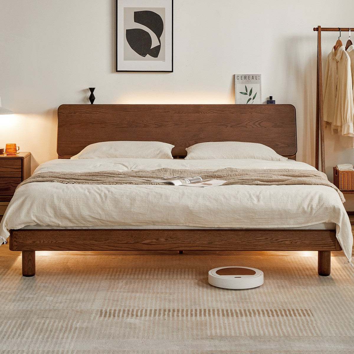 Oak Solid Wood Bed with Light, Storage Space