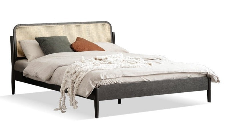 Oak Solid Wood Black Rattan bed