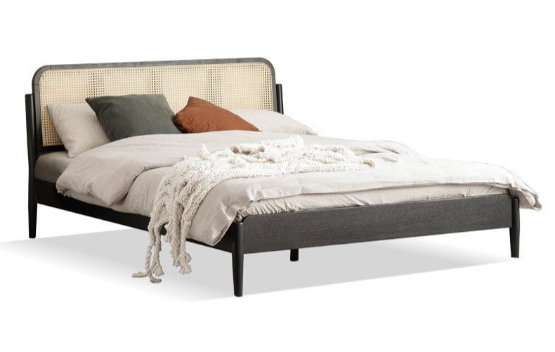 Oak Solid Wood Black Rattan bed