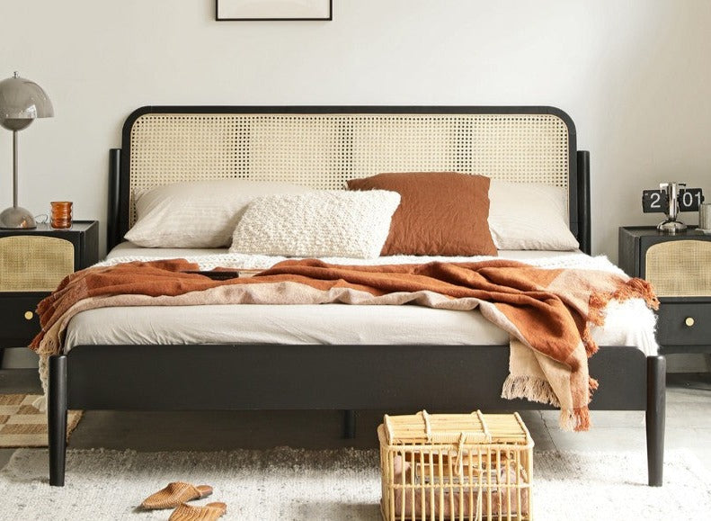 Oak Solid Wood Black Rattan bed