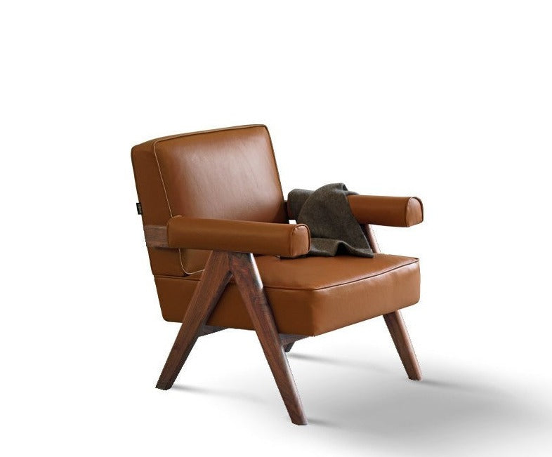 Oak Solid Wood Leather Retro Armchair