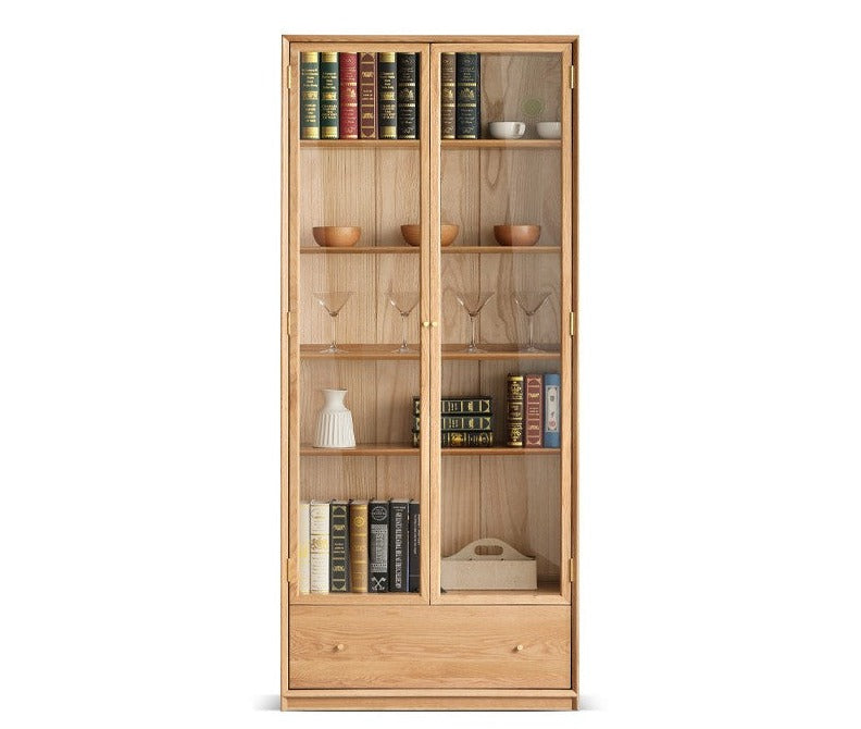 Oak Solid Wood Nordic Style Bookshelf with Floor Storage Cabinet
