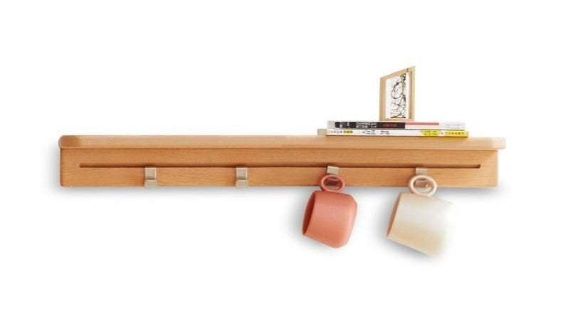 Beech Solid Wood Wall Shelf With Hooks