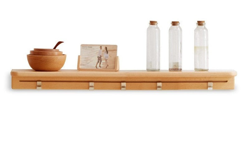Beech Solid Wood Wall Shelf With Hooks