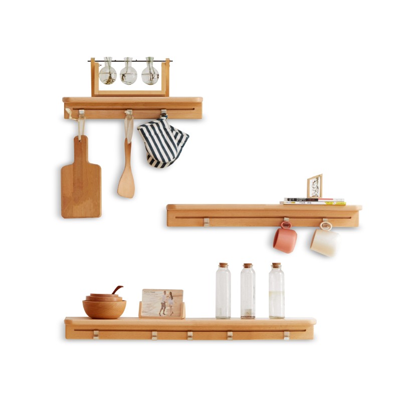 Beech Solid Wood Wall Shelf With Hooks