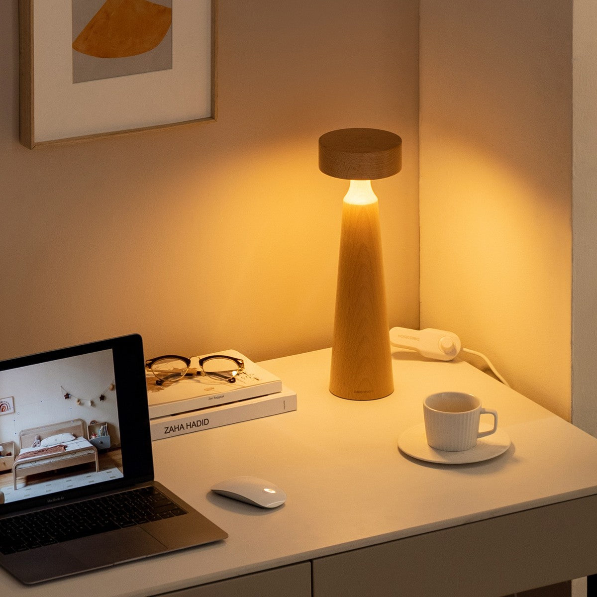 Beech solid wood table bedside mushroom LED light lamp"