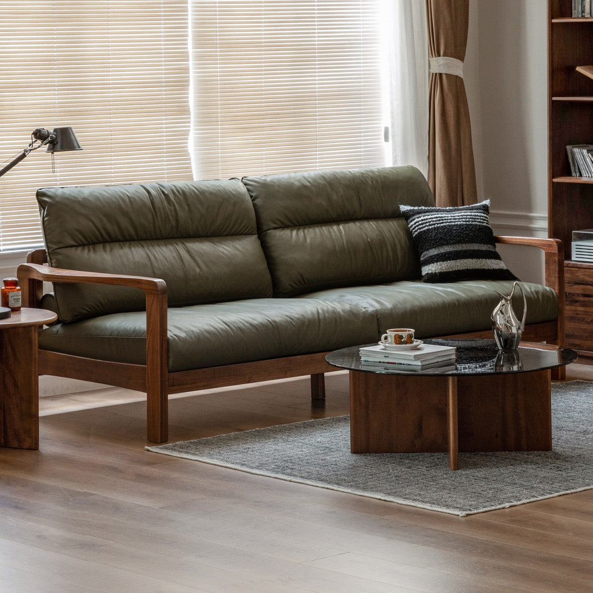 Black Walnut Solid Wood Light Luxury Leather Sofa.
