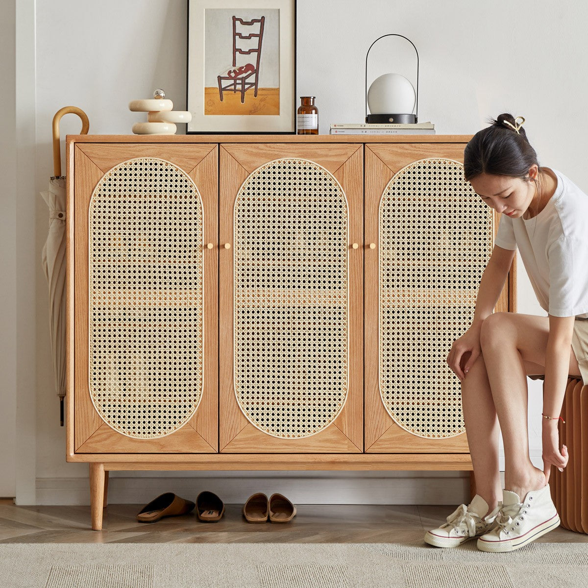 Oak Solid Wood Rattan Shoe Cabinet