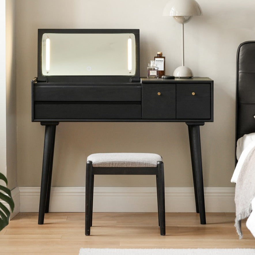 Oak Solid Wood Black Makeup Table Mirror LED Touch.