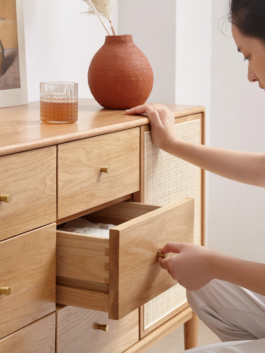 Oak Solid Wood Rattan Storage Cabinet