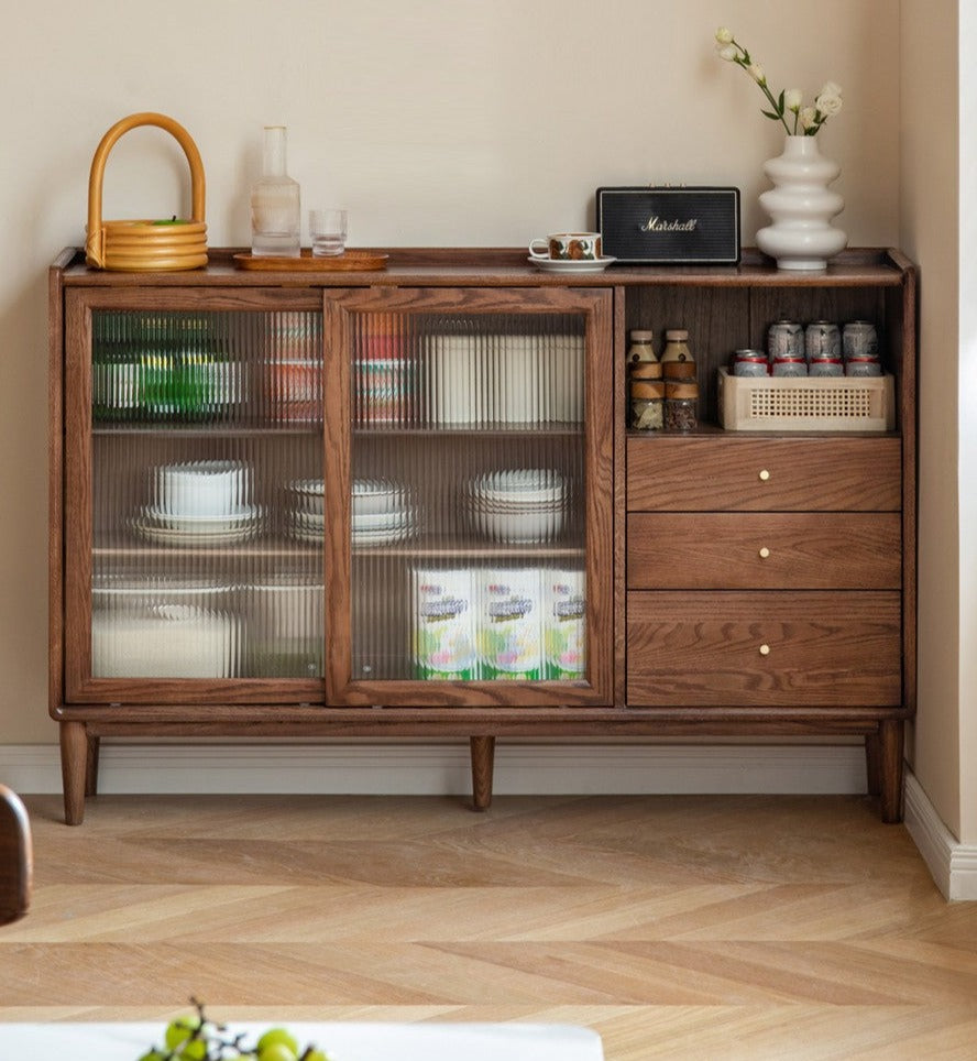 Oak, Ash, Black Walnut, Cherry, Beech Solid Wood, Solid RubberWood Ultra-thin Sideboard Sliding Door