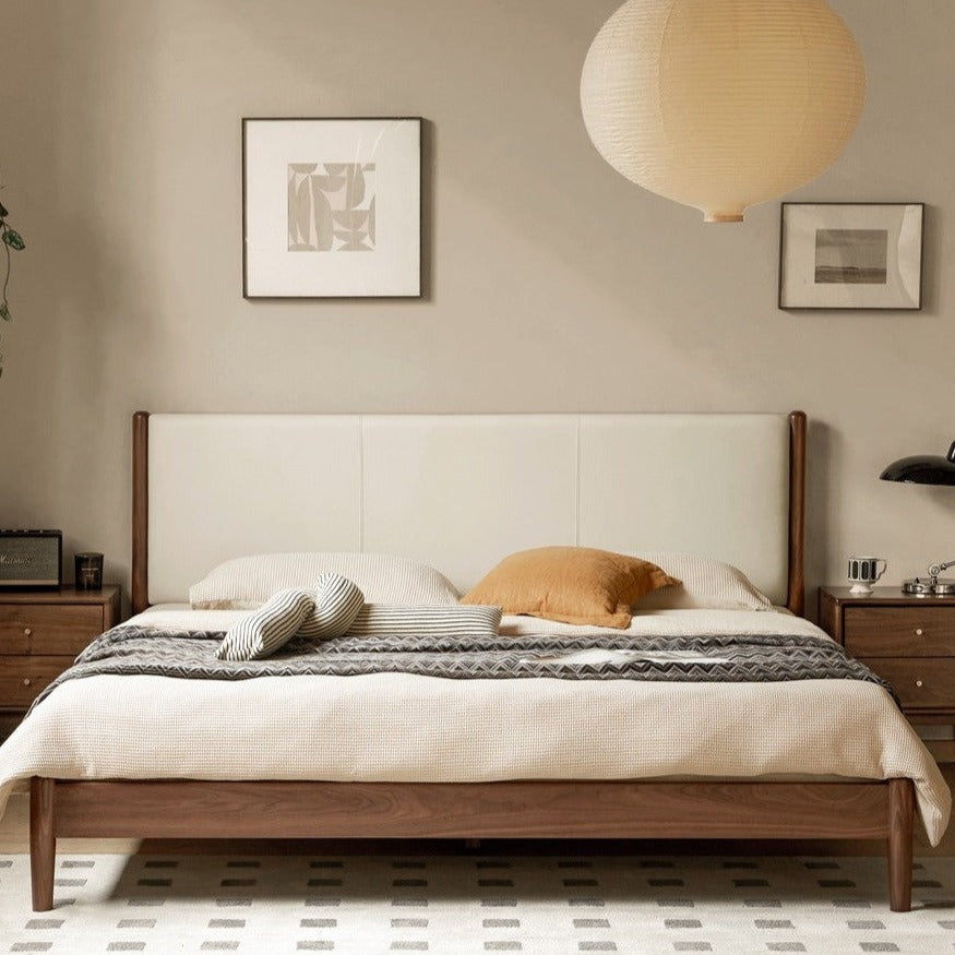Oak,Black Walnut Solid Wood Top-Grain Cowhide Leather Bed
