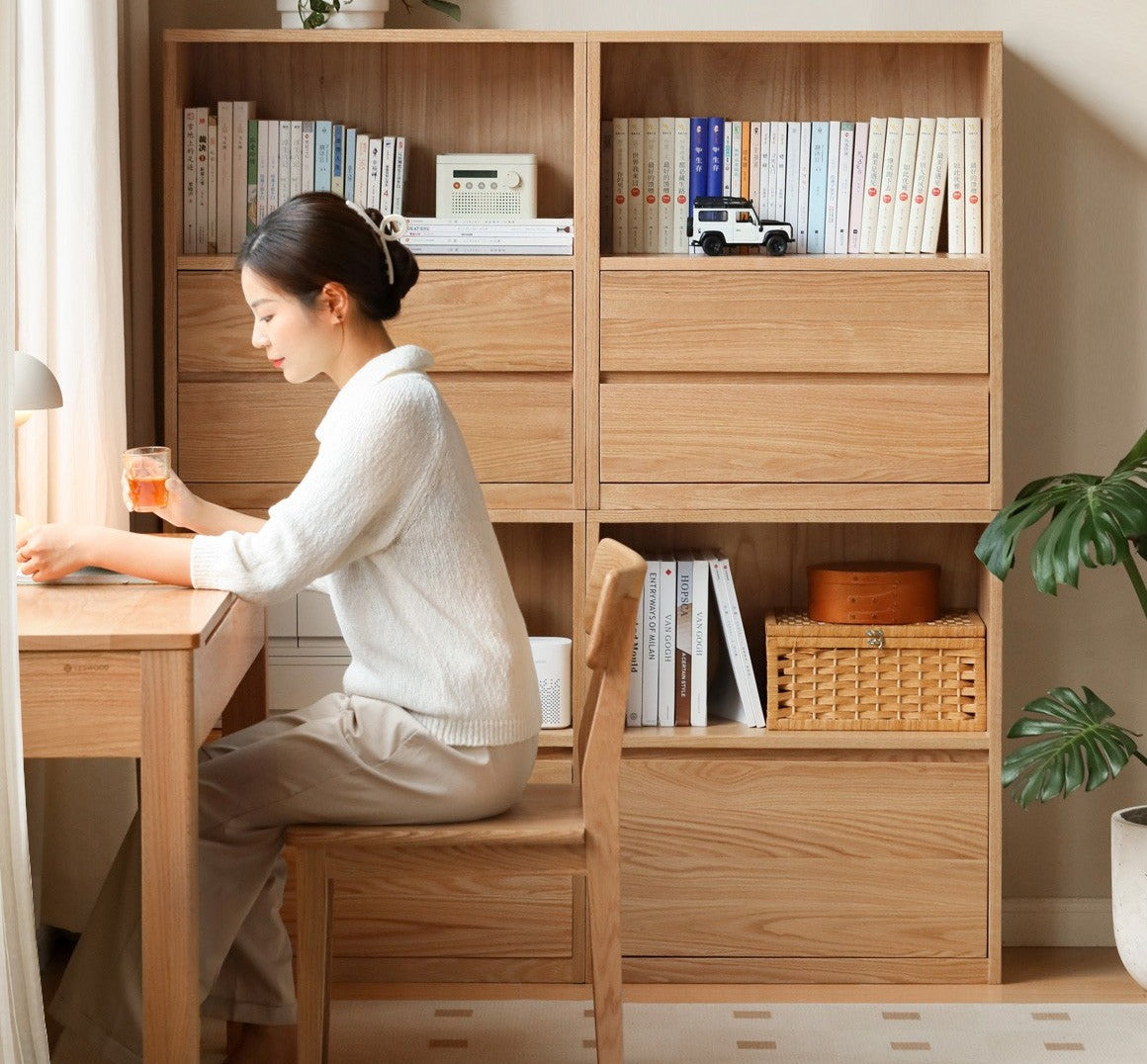 Oak, Solid Rubberwood, Ash Solid Wood Bookcase Free Combination Low Cabinet Floor-Standing Bookshelf