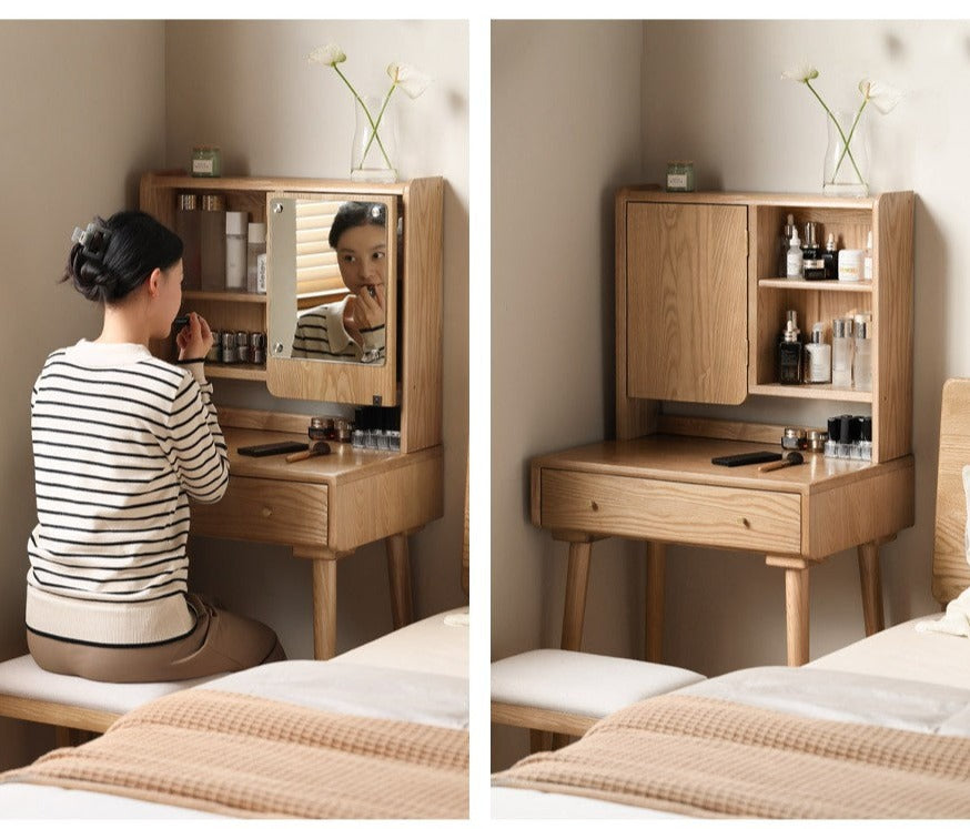 Ash Solid Wood Vanity Table with Mirror Shelf & Flip Cover.