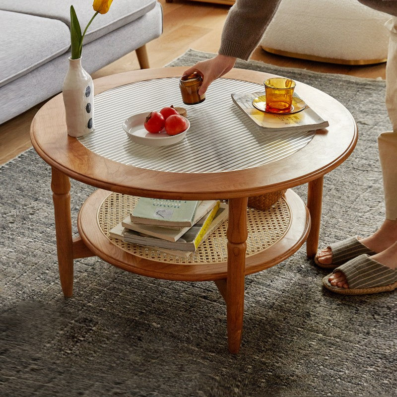 Cherry Wood Solid Wood Glass Round Coffee Table