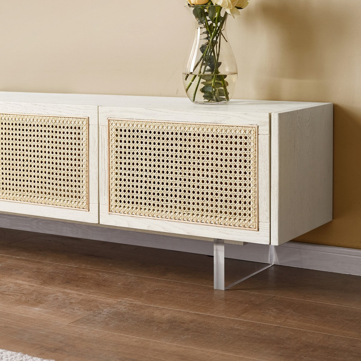 Ash Solid Wood Rattan TV Cabinet Cream Style LED Lights.