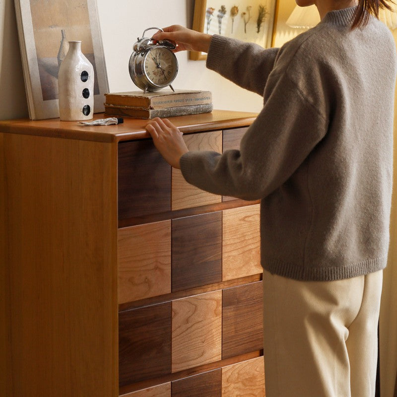 Cherry Solid Wood Retro Chest of Drawers Checkerboard
