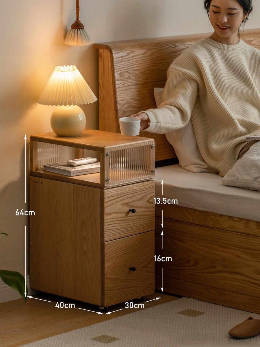 Oak Solid Wood wheel nightstand Narrow with Light)