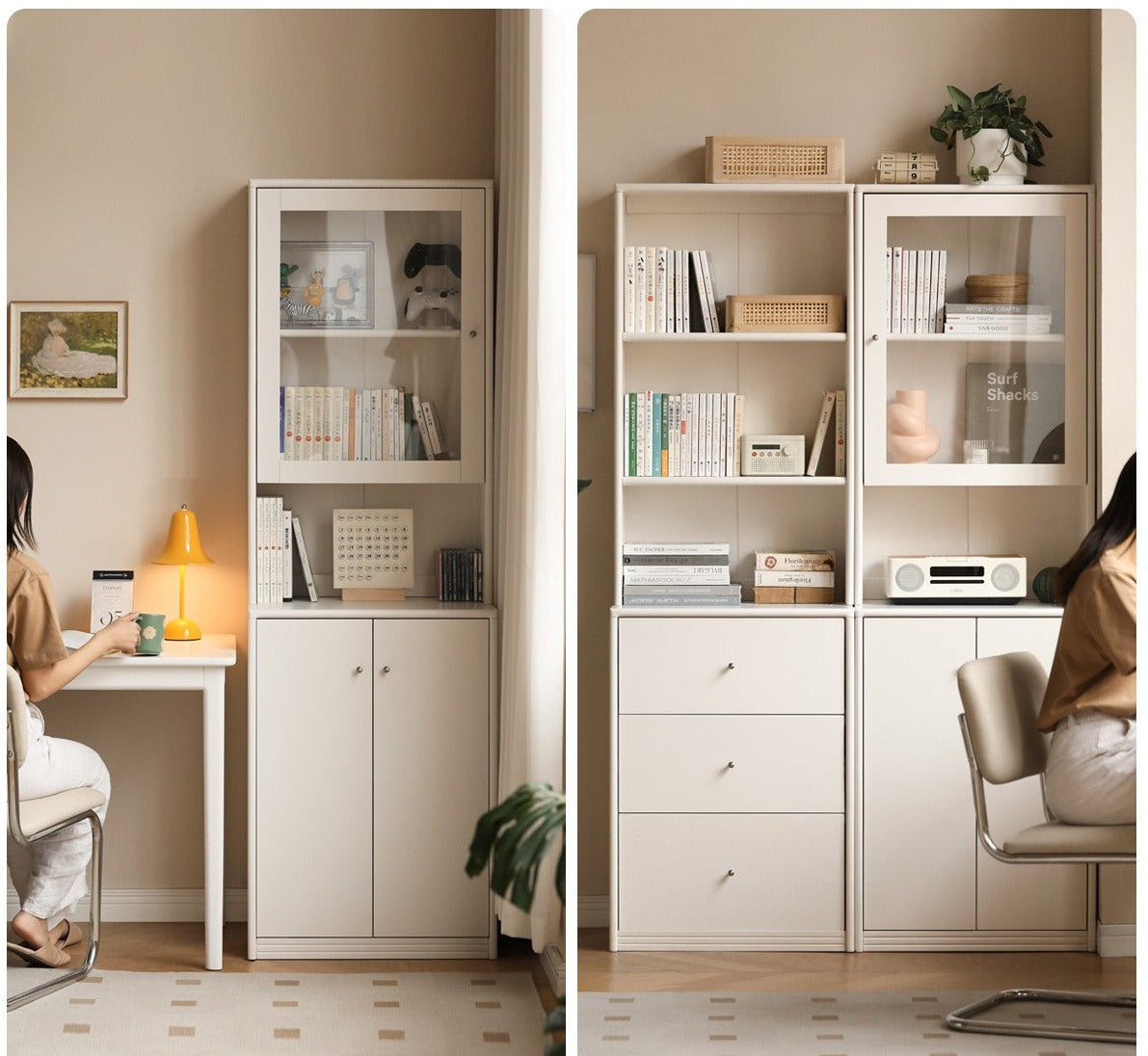 Poplar Solid Wooden Bookcase Cream White Free Combination Glass Door Display Cabinet